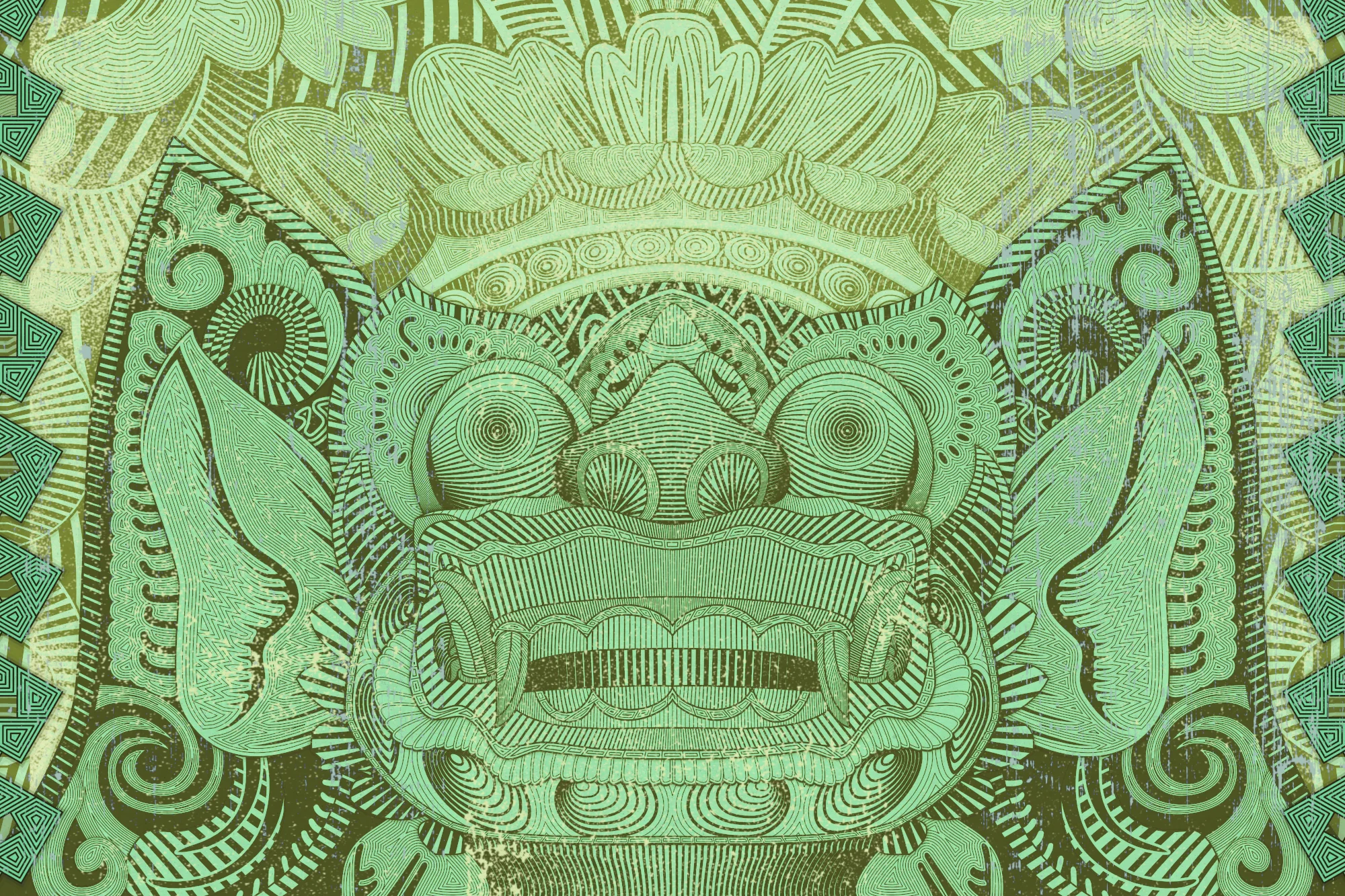 A digital painting of a sacred Balinese mask