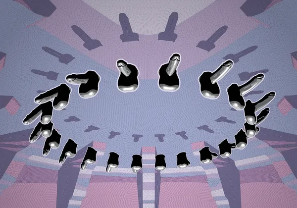 A crown of penises, cycling form lose to erected hovering in a space