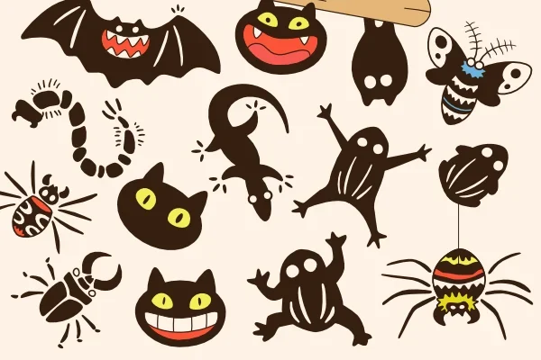 A collection of whimsical, cartoonish creatures including a bat, lizard, centipede, butterfly, spider, beetle, frog, and several playful black cat faces with yellow eyes and wide grins.