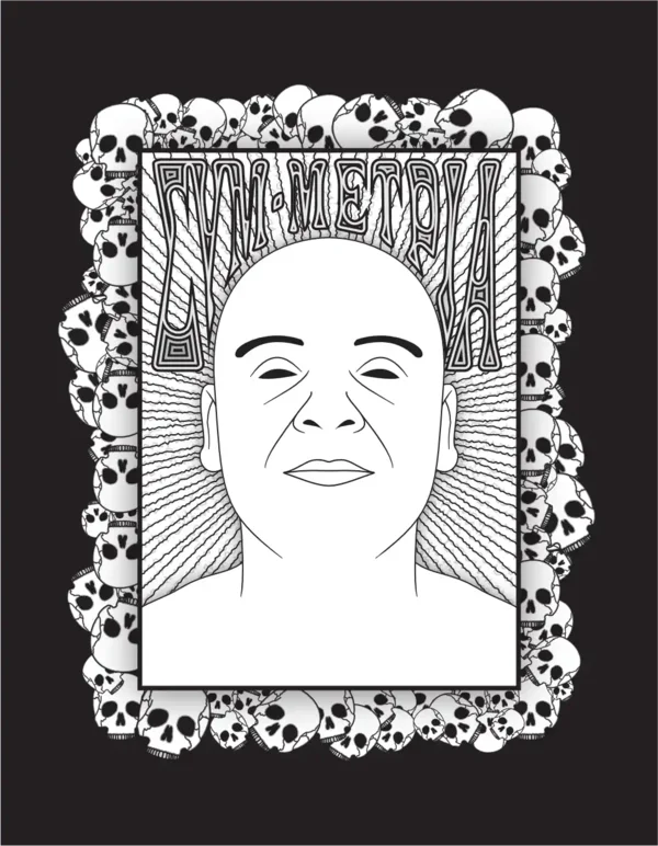 Symmetrical portrait with Greek typography "συμμετρία" and radiating patterns, framed by ornate skull border