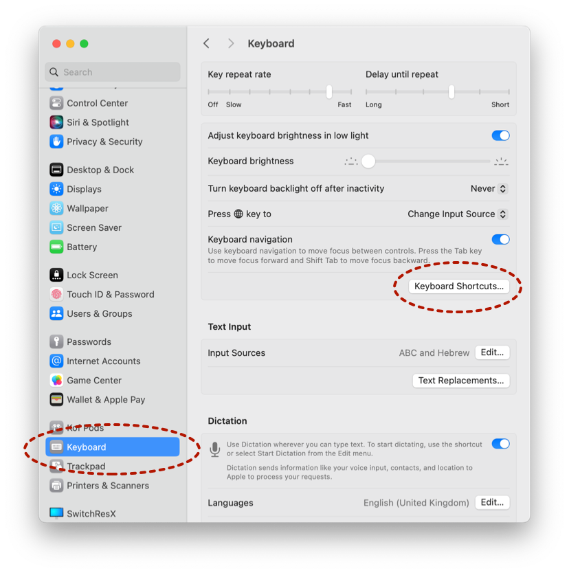 The Keyboard pane on the System Settings, showing the `Keyboard Shortcuts…` button